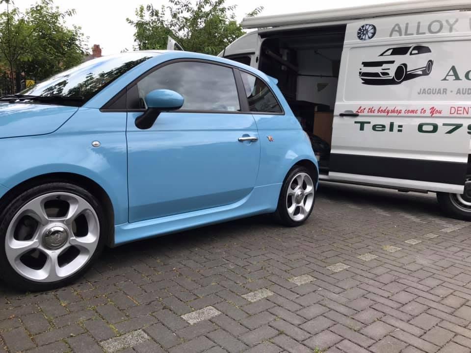 Light blue Fiat 500 after dent and scuff repair by Mobile Accident Repairs Ltd Manchester